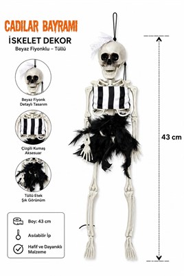 Beyaz Fiyonklu Tüllü İskelet Süs 43 Cm Halloween Cadılar Bayramı Parti Malzemesi