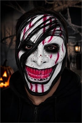 Beyaz Kanlı Gülümseyen Korku Maskesi – Siyah Saç Detaylı Halloween Cadılar Bayramı Maskesi