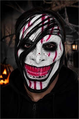 Beyaz Kanlı Gülümseyen Korku Maskesi – Siyah Saç Detaylı Halloween Cadılar Bayramı Maskesi