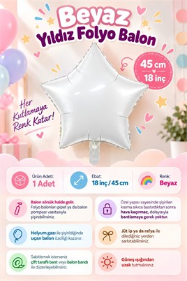 Beyaz Yıldız Folyo Balon 45 cm - Bebek Çocuk Parti Kutlama