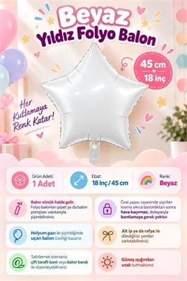 Beyaz Yıldız Folyo Balon 45 cm - Bebek Çocuk Parti Kutlama