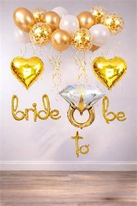 Bride To Be  El Yazısı, Tek Taş Yüzük Ve Kalp Folyo Balonlu Gold  Bride To Be Set