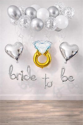 Bride To Be  El Yazısı, Tek Taş Yüzük Ve Kalp Folyo Balonlu Gümüş Set