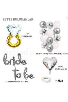 Bride To Be  El Yazısı, Tek Taş Yüzük Ve Kalp Folyo Balonlu Gümüş Set
