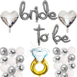Bride To Be  El Yazısı, Tek Taş Yüzük Ve Kalp Folyo Balonlu Gümüş Set