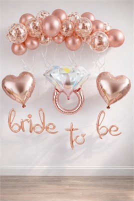 Bride To Be  El Yazısı, Tek Taş Yüzük Ve Kalp Folyo Balonlu Rose Gold Set