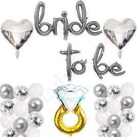 Bride To Be  El Yazısı, Tek Taş Yüzük Ve Kalp Folyo Balonlu Gümüş Set
