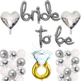 Bride To Be  El Yazısı, Tek Taş Yüzük Ve Kalp Folyo Balonlu Gümüş Set