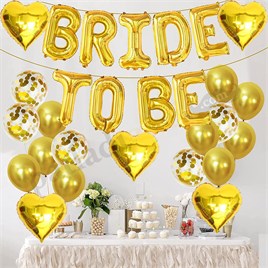 Bride To Be  Gold  Folyo Balon Seti, 5 Adet Kalp Folyo ve Lateks Balon