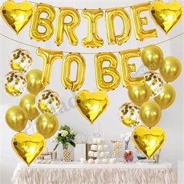 Bride To Be  Gold  Folyo Balon Seti, 5 Adet Kalp Folyo ve Lateks Balon