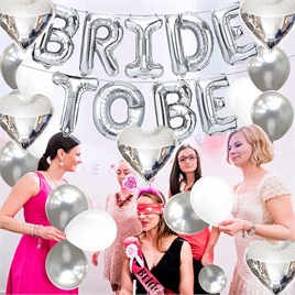 Bride To Be Gümüş Folyo Balon Seti, 5 Adet Kalp Folyo ve Lateks Balon