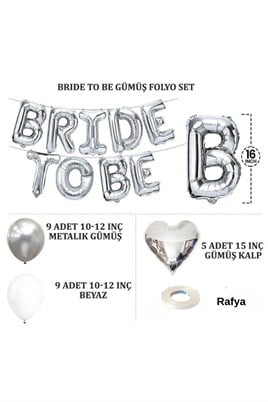 Bride To Be Gümüş Folyo Balon Seti, 5 Adet Kalp Folyo ve Lateks Balon