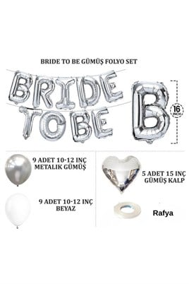 Bride To Be Gümüş Folyo Balon Seti, 5 Adet Kalp Folyo ve Lateks Balon