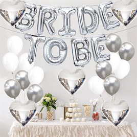Bride To Be Gümüş Folyo Balon Seti, 5 Adet Kalp Folyo ve Lateks Balon