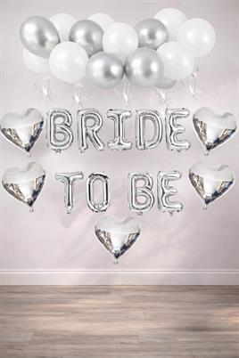 Bride To Be Gümüş Folyo Balon Seti, 5 Adet Kalp Folyo ve Lateks Balon