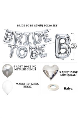 Bride To Be Gümüş Folyo Balon Seti, 5 Adet Kalp Folyo ve Lateks Balon