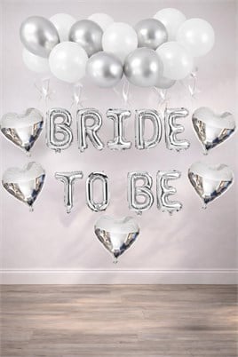 Bride To Be Gümüş Folyo Balon Seti, 5 Adet Kalp Folyo ve Lateks Balon