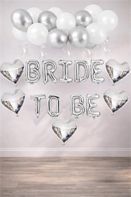Bride To Be Gümüş Folyo Balon Seti, 5 Adet Kalp Folyo ve Lateks Balon