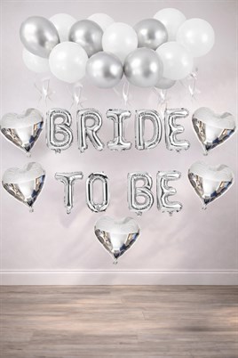 Bride To Be Gümüş Folyo Balon Seti, 5 Adet Kalp Folyo ve Lateks Balon