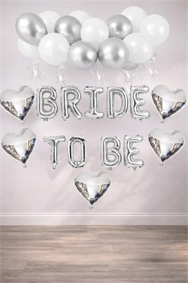 Bride To Be Gümüş Folyo Balon Seti, 5 Adet Kalp Folyo ve Lateks Balon