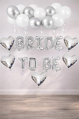 Bride To Be Gümüş Folyo Balon Seti, 5 Adet Kalp Folyo ve Lateks Balon