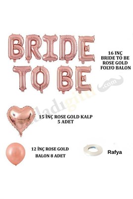 Bride To Be  Rose Gold  Folyo Balon Seti, 5 Adet Kalp Folyo ve Lateks Balon