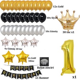 Büyük Boy Kral Taçlı Gold-Gümüş-Siyah 1 Yaş Doğum Günü Seti