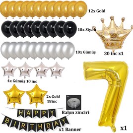 Büyük Boy Kral Taçlı Gold-Gümüş-Siyah 7 Yaş Doğum Günü Seti