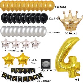 Büyük Boy Kral Taçlı Gold-Gümüş-Siyah 4 Yaş Doğum Günü Seti