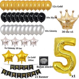 Büyük Boy Kral Taçlı Gold-Gümüş-Siyah 5 Yaş Doğum Günü Seti