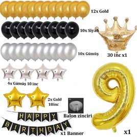 Büyük Boy Kral Taçlı Gold-Gümüş-Siyah 9 Yaş Doğum Günü Seti
