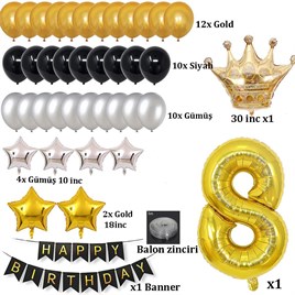Büyük Boy Kral Taçlı Gold-Gümüş-Siyah 8 Yaş Doğum Günü Seti