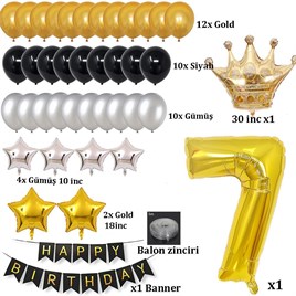 Büyük Boy Kral Taçlı Gold-Gümüş-Siyah 7 Yaş Doğum Günü Seti