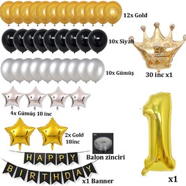 Büyük Boy Kral Taçlı Gold-Gümüş-Siyah 1 Yaş Doğum Günü Seti