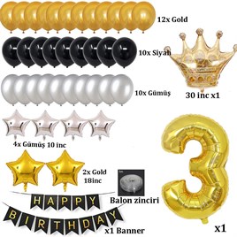 Büyük Boy Kral Taçlı Gold-Gümüş-Siyah 3 Yaş Doğum Günü Seti