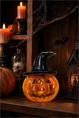 Cadı Şapkalı LED Işıklı Balkabağı Mini Fener 8 x 7 cm – Halloween Cadılar Bayramı Dekoru