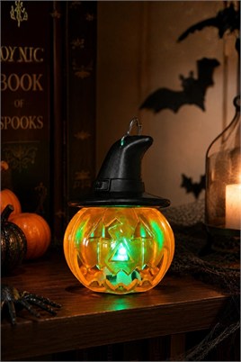 Cadı Şapkalı LED Işıklı Balkabağı Mini Fener 8 x 7 cm – Halloween Cadılar Bayramı Dekoru