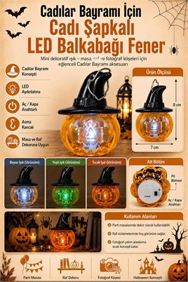 Cadı Şapkalı LED Işıklı Balkabağı Mini Fener 8 x 7 cm – Halloween Cadılar Bayramı Dekoru