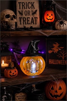 Cadı Şapkalı LED Işıklı Balkabağı Mini Fener 8 x 7 cm – Halloween Cadılar Bayramı Dekoru