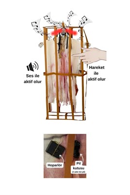 Cadılar Bayramı Askılı Kafesli Korku Figürü Beyaz – Sesli Hareketli Işıklı Halloween Dekoru 90 cm