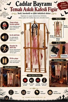 Cadılar Bayramı Askılı Kafesli Korku Figürü Beyaz – Sesli Hareketli Işıklı Halloween Dekoru 90 cm