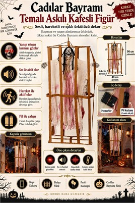 Cadılar Bayramı Askılı Kafesli Korku Figürü Beyaz – Sesli Hareketli Işıklı Halloween Dekoru 90 cm