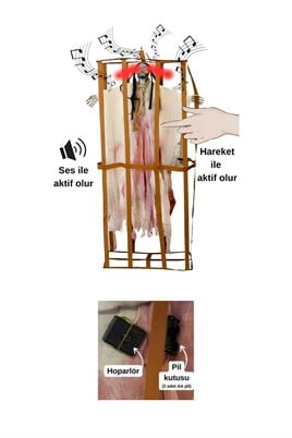 Cadılar Bayramı Askılı Kafesli Korku Figürü Beyaz – Sesli Hareketli Işıklı Halloween Dekoru 90 cm