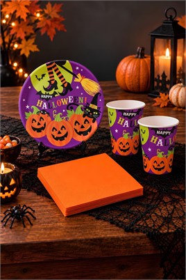 Cadılar Bayramı Halloween Kabak Temalı Mor Konsept Bardak Tabak Peçete 