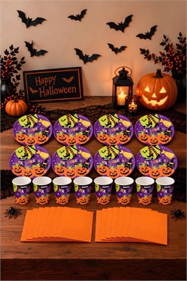 Cadılar Bayramı Halloween Kabak Temalı Mor Konsept Bardak Tabak Peçete 