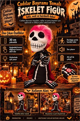 Cadılar Bayramı Hareketli Sesli Işıklı İskelet Figür 30 cm – Halloween Dekoratif Masa Süsü