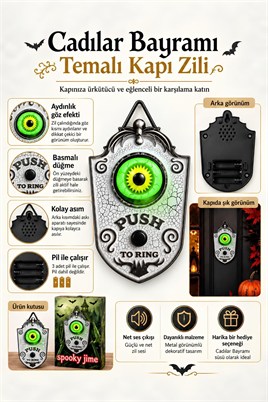 Cadılar Bayramı Işıklı Sesli Gözlü Kapı Zili Dekoru – Beyaz Halloween Kapı Süsü