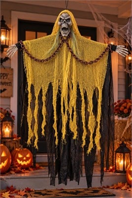 Cadılar Bayramı Sarı Askılı Zincirli Korku Figürü – Sesli Hareketli Işıklı Halloween Süsü 100 cm