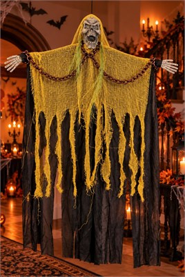 Cadılar Bayramı Sarı Askılı Zincirli Korku Figürü – Sesli Hareketli Işıklı Halloween Süsü 100 cm