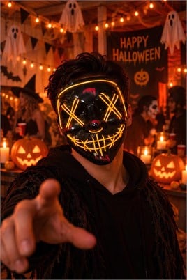 Cadılar Bayramı Sarı Neon Işıklı Korku Maskesi – Pilli Halloween Parti ve Kostüm Maskesi